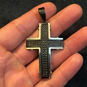 Men’s Two-Tone Black CZ Stainless Steel Rivet Cross Pendant
